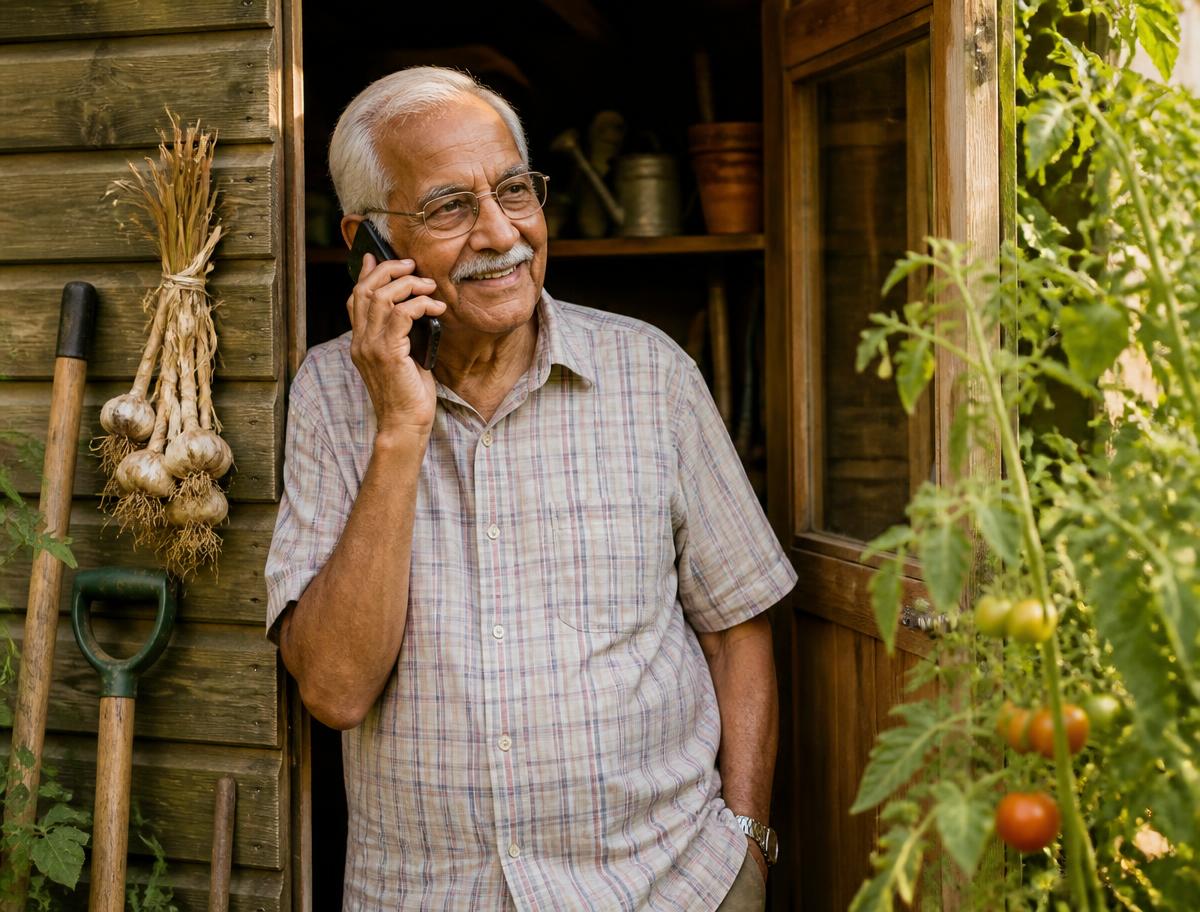 An older man standing by his garden shed, smiling as he talks on a mobile phone